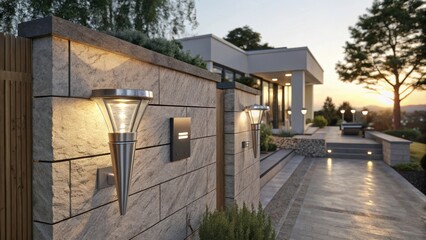 Aufkleber - Warm light emanating from modern outdoor lamps attached to a textured stone wall enhances the ambiance of a contemporary home's exterior at sunset, creating a welcoming and stylish atmosphere