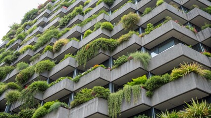 Poster - Lush vegetation grows on balconies of modern building, demonstrating green architecture and sustainable urban living, promoting ecological lifestyle in urban environment