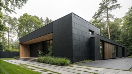 Aufkleber - Black, square shaped modern house stands in a green forest, showcasing contemporary architecture and blending with nature, with a paved driveway and lush lawn