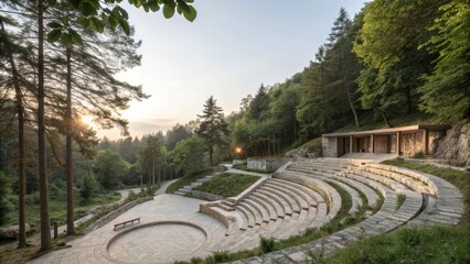 Poster - Stone steps of an outdoor amphitheater nestled within a tranquil forest setting are bathed in the warm glow of the setting sun, creating a picturesque scene of nature and architecture in harmony