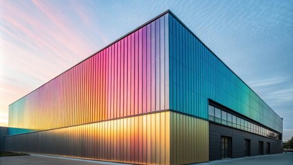 Leinwandbilder - Colorful reflective panels create a vibrant and dynamic facade on a modern building exterior, illuminated by the warm glow of the setting sun