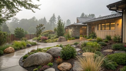 Aufkleber - Rain is falling on a beautiful modern house with a garden, driveway and a concrete path leading to the entrance, surrounded by lush vegetation and large decorative rocks