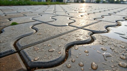 Aufkleber - Glistening water droplets resting on grey paving stones create a textured pattern after rain, with some merging into small puddles in the crevices