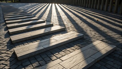 Aufkleber - Wide wooden planks forming steps blend seamlessly into a cobblestone pavement, creating a striking geometric pattern highlighted by long shadows during the enchanting sunset