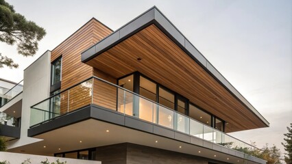 Warm evening light illuminates a contemporary house featuring wood cladding, a glass balcony railing, and a prominent overhanging roofline, creating a luxurious and inviting atmosphere