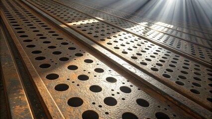 Aufkleber - Sunbeams are illuminating rows of rusty perforated metal sheets, creating an abstract industrial background with light and shadow interplay