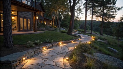 Aufkleber - Low voltage landscape lighting illuminates a winding flagstone pathway leading to a beautiful, modern home in a peaceful, wooded setting at dusk, creating a warm and inviting ambiance