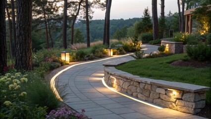 Poster - Modern garden path featuring integrated led strip lighting, illuminating the walkway and surrounding landscape at dusk, creating a warm and inviting ambiance