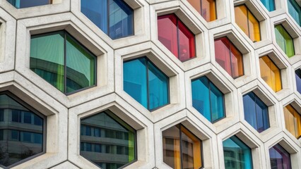 Aufkleber - Modern building facade featuring colorful hexagonal windows resembling a beehive, creating a visually striking and unique architectural design
