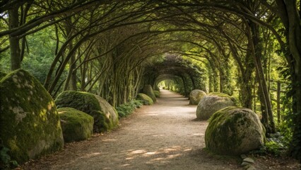 Poster - Moss covered rocks line a tranquil path leading through a tunnel of intertwined trees, creating a serene and enchanting atmosphere in a peaceful garden or park