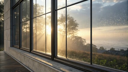 Aufkleber - Sunlight is streaming through a large, modern window with raindrops clinging to the glass, revealing a breathtaking view of a sunrise over a tranquil landscape