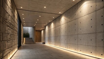 Poster - Empty modern corridor with stone and concrete walls featuring recessed lighting and a staircase leading to a wooden door, creating a luxurious and minimalist atmosphere