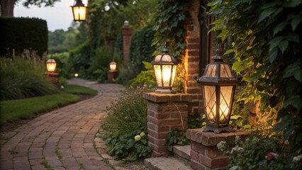 Aufkleber - Winding garden path, softly illuminated by glowing lanterns at dusk, creates a warm and inviting ambiance, enhancing the picturesque landscape filled with lush greenery and charming flowers