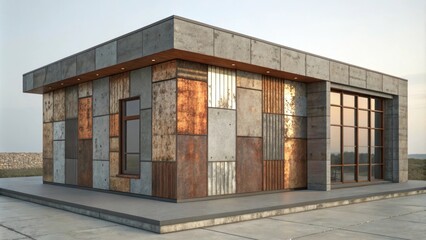 Aufkleber - Contemporary architectural design combining rusty metal panels and concrete, creating a visually striking and unique exterior that emphasizes modern industrial aesthetics and texture