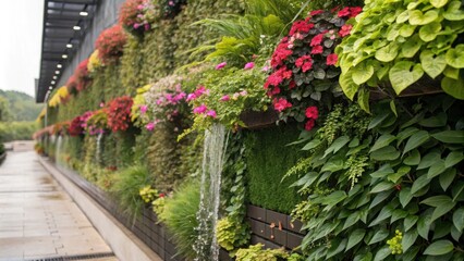 Poster - Small waterfalls cascading from a lush green wall adorned with colorful flowers and vibrant plants, enhancing the refreshing atmosphere of an urban landscape filled with beauty