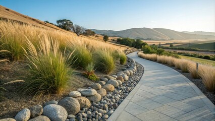 Poster - Gentle curves of a paved pathway meander through lush ornamental grasses, leading the eye towards a breathtaking sunset vista over rolling hills and valleys