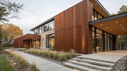 Aufkleber - Concrete pathway leading to a contemporary luxury home featuring a striking combination of wood and stone exterior. Illuminated warmly at dusk. Showcasing modern architectural design and landscaping