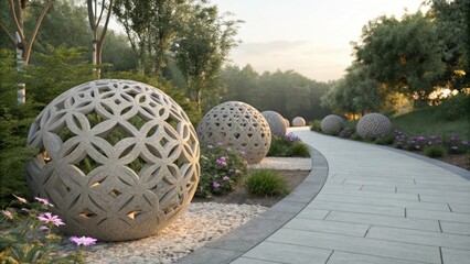 Poster - Large, ornately carved stone spheres create a striking visual along a paved pathway winding through a serene garden landscape, bathed in the warm glow of the setting sun