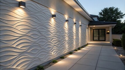 Aufkleber - Modern house exterior featuring a wavy textured wall, stylish lighting fixtures, and lush landscaping, creating an elegant ambiance at dusk with a welcoming pathway