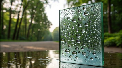 Aufkleber - Water droplets clinging to a glass panel create an abstract pattern, reflecting the blurred greenery of a tranquil park setting with a path in the background