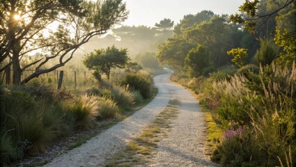 Poster - Golden sunlight filters through the trees, illuminating a picturesque gravel road that meanders through a vibrant green landscape, creating a serene and inviting scene at the break of dawn