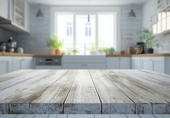 Aufkleber - Empty rustic wooden table in a bright, modern kitchen.