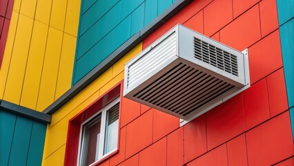 Aufkleber - Industrial air conditioning unit is mounted on a vibrant, geometrically designed building facade, showcasing a striking contrast between functionality and modern architectural aesthetics