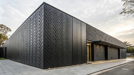 Poster - Contemporary architecture featuring a sleek black building with a textured chevron patterned facade, clean lines, and minimalist design. Surrounded by a paved walkway and natural landscaping