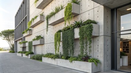 Poster - Concrete facade of a modern building adorned with a vertical garden, showcasing lush greenery cascading from rectangular planters, creating a harmonious blend of nature and architecture