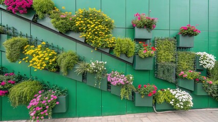 Poster - Modern green wall featuring a vibrant arrangement of colorful flowers and lush plants, creating a stunning vertical garden that enhances urban landscapes and promotes biodiversity