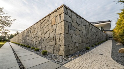 Aufkleber - Modern house featuring a stylish stone wall fence, complemented by paved walkways and lush landscaping. Creating a secure and visually appealing perimeter, enhancing curb appeal and privacy