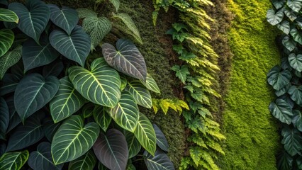 Aufkleber - Vertical garden featuring a vibrant mix of philodendron, lush ferns, and soft moss, creating a textured, refreshing backdrop that enhances any space with natural beauty