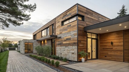 Aufkleber - Pathway leading to a contemporary house showcasing exterior wood and stone siding, illuminated by warm lights at dusk, creating a welcoming ambiance