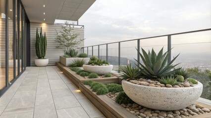 Aufkleber - Lush succulent plants thriving in large, textured pots on a contemporary rooftop terrace, creating a tranquil oasis with a breathtaking cityscape view