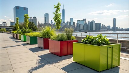 Poster - Vibrant planters add a touch of nature to a modern rooftop garden, with the impressive backdrop of the new york city skyline across the water