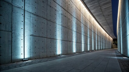 Aufkleber - Empty concrete corridor featuring modern architecture, illuminated by blue lighting at night, creating a strikingly futuristic atmosphere with clean lines and geometric design