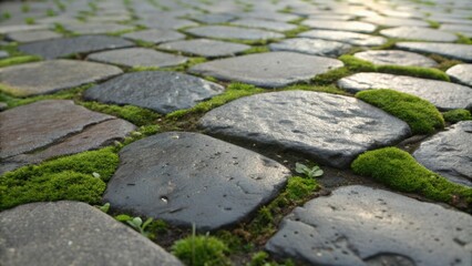 Aufkleber - Close up view highlighting vibrant green moss thriving between dark gray cobblestones on a path, forming a beautifully textured and natural pattern in the outdoor environment