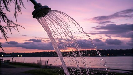 Aufkleber - Water pouring from a beach shower head at sunset over puget sound creates a refreshing scene, highlighting the tranquil beauty of nature and the serenity of summer evenings