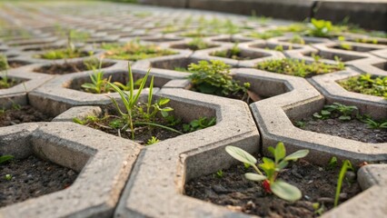 Poster - Close up view of grass and weeds growing through the cracks of concrete hexagonal pavers, symbolizing the resilience of nature reclaiming urban spaces