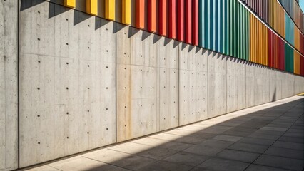 Aufkleber - Sunlight illuminates a concrete wall with regularly spaced holes, casting shadows from the vibrant, multicolored panels above, creating a striking architectural contrast