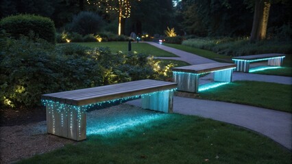 Poster - Wooden benches with blue led strip lights underneath, creating a magical atmosphere in a park at night, with winding paths and soft background lighting