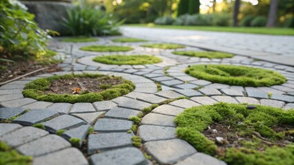 Poster - Circular inlays of vibrant green moss create a visually appealing contrast against the grey paving stones of a garden path, adding a touch of nature and tranquility to the landscape design
