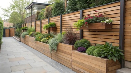 Aufkleber - Long wooden planters bordering a paved pathway create a visually appealing and functional garden space, enhanced by a contemporary horizontal slatted fence with hanging flower boxes
