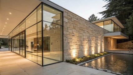 Fototapete - Spotlights illuminating the stone wall of a contemporary luxury home with large glass windows reflecting warm interior lights at dusk, creating a tranquil ambiance by the pool