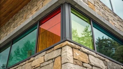 Aufkleber - Colorful glass windows reflecting trees add a touch of modern design to a building's stone exterior, creating an interesting contrast between nature and architecture