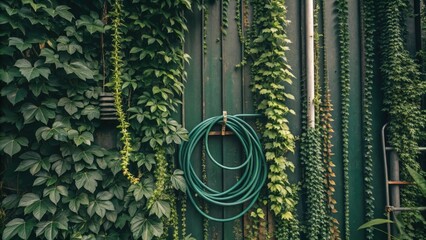 Poster - Green garden hose hanging on a weathered wall, completely covered in lush, vibrant ivy, creating a harmonious blend of nature and functionality in a serene garden setting