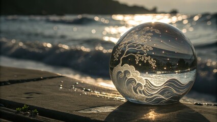 Poster - Crystal ball with an etched design of a tree and ocean waves rests on a wooden surface, reflecting the golden sunset over the sea, creating a serene and artistic scene