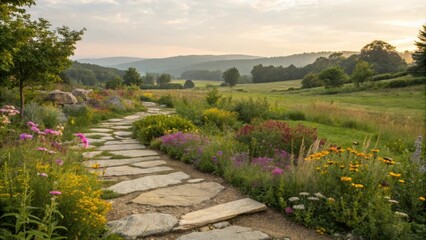 Poster - Stone path winding through a colorful garden with wildflowers and lush greenery, leading towards a serene valley bathed in the warm glow of sunrise