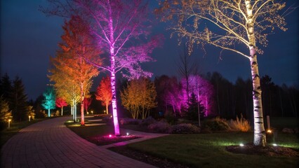 Poster - Multicolored uplighting creates a vibrant and magical atmosphere along a paved pathway in a park, illuminating the trees in various hues at night