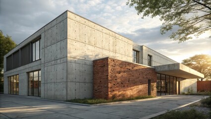 Aufkleber - Modern concrete and brick building with large windows basking in the warm glow of the setting sun, exhibiting a blend of industrial and contemporary architectural styles